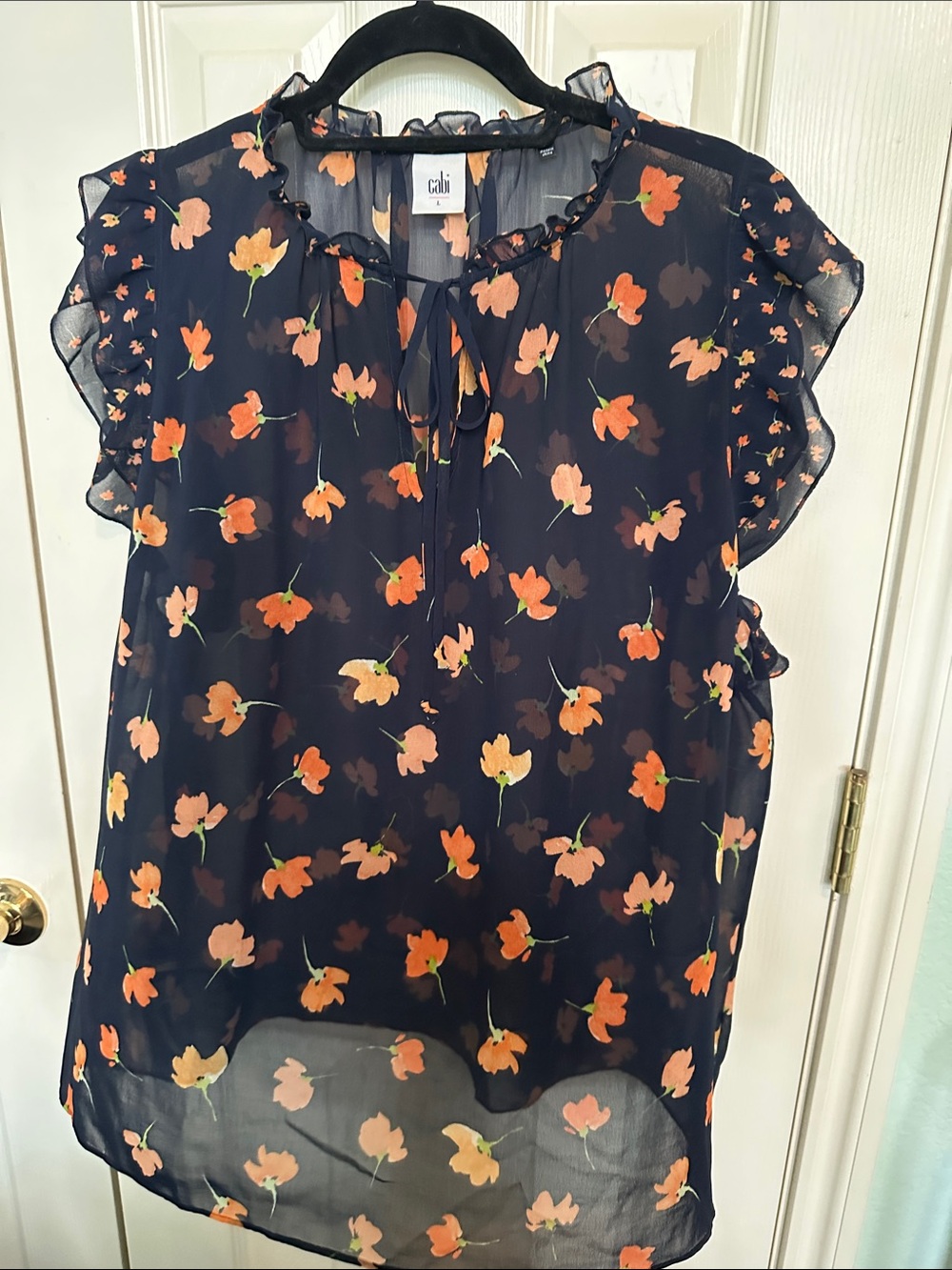 C·CIL Navy Floral Ruffle Sleeve Tie-Neck Blouse - Orange Floral